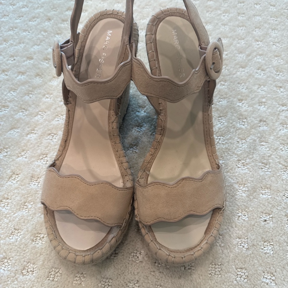 Marc Fisher Scalloped Espadrille Wedge Sandals | Nude Suede | Size 10 - Picture 2 of 9